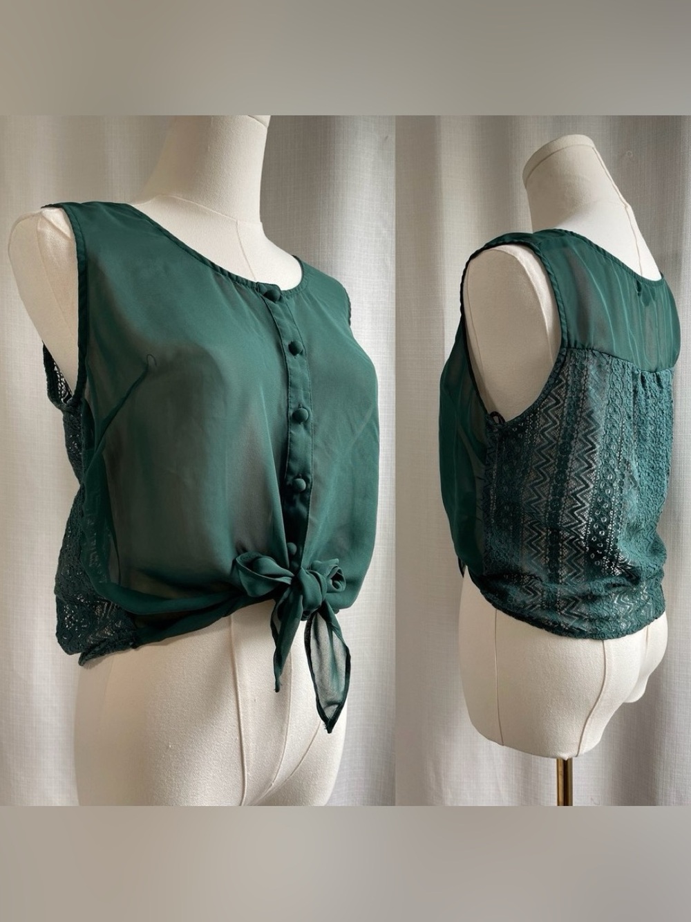 Chiffon Blouse Tank Green M Vest Crop Fairy Grunge Whimsigoth Top Boho T6906